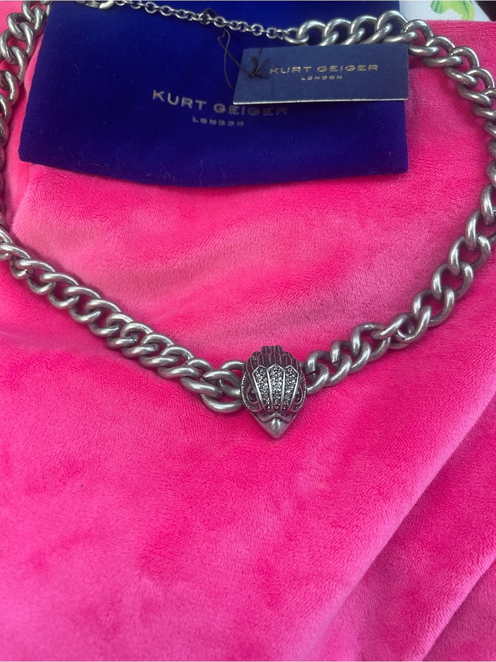 Kurt Geiger London Eagle Head Statement Chain Necklace Gunmetal Crystal WOW